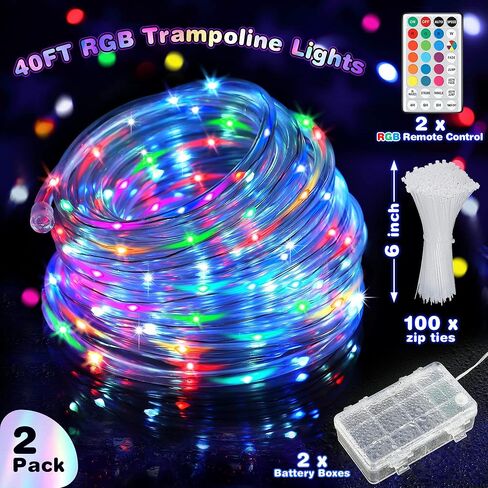 Meonum 2 Pack Tatol 80FT RGB Trampoline Lights, Waterproof Battery Powered Rope LED Lights for 8FT 10FT 12 FT Trampoline Accessories, Remote Control Trampoline Rim LED Light, 16 Colors Change in Saudi Arabia