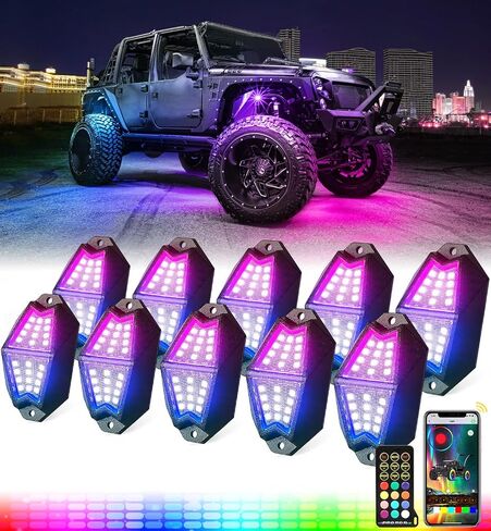 مجموعة أضواء الصخور RGB بلوتوث مع جهاز تحكم عن بعد للسيارات متعددة الألوان Underglow Whee Well Footwell Neon LED Undercar Chase مجموعات الإضاءة للطرق الوعرة UTV ATV الشاحنات SUV دراجة نارية - 10 القرون in Saudi Arabia