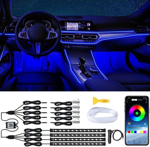 QVEVDACAR شريط إضاءة LED داخلي للسيارة، طقم إضاءة محيطة للسيارة RGB 9 في 1 مع 4 مصابيح أسفل لوحة القيادة و5 شرائط LED من الألياف الضوئية، مزامنة مع الموسيقى والتحكم في تطبيق بلوتوث لاسلكي (لا يشمل جهاز التحكم عن بعد) in Kuwait