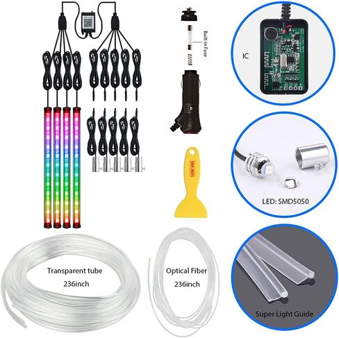 QVEVDACAR شريط إضاءة LED داخلي للسيارة، طقم إضاءة محيطة للسيارة RGB 9 في 1 مع 4 مصابيح أسفل لوحة القيادة و5 شرائط LED من الألياف الضوئية، مزامنة مع الموسيقى والتحكم في تطبيق بلوتوث لاسلكي (لا يشمل جهاز التحكم عن بعد) in Kuwait
