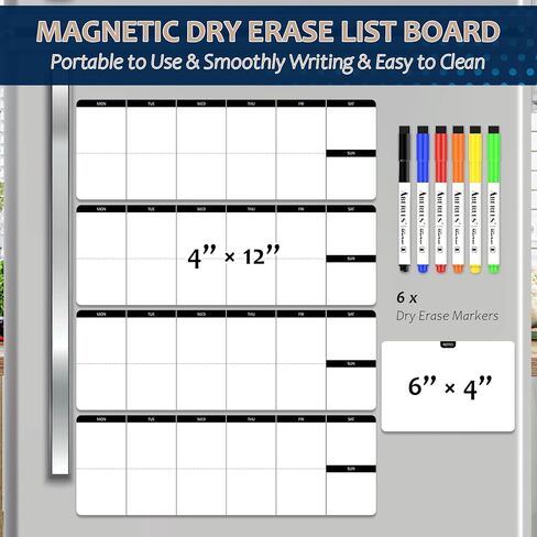 قائمة مغناطيسية للقيام بقائمة بيضاء، لوحة مسح جافة مع خطوط، قائمة البقالة، مخطط الوجبات، مخطط المهام للبالغين، سبورة بيضاء متعددة الوظائف للثلاجة مقاس 4 × 12 بوصة مع 6 علامات مسح جاف in Kuwait