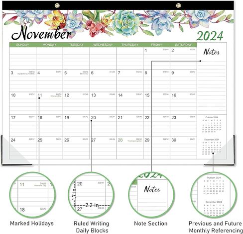 Desk Calendar 2024-2024 Desk Calendar, 12 Monthly Desk/Wall Calendar 2-in-1, Jan. 2024 - Dec. 2024, 16.8" x 12", Desk Calendar with Thick Paper + Corner Protectors + Large Ruled Blocks - Floral in Kuwait