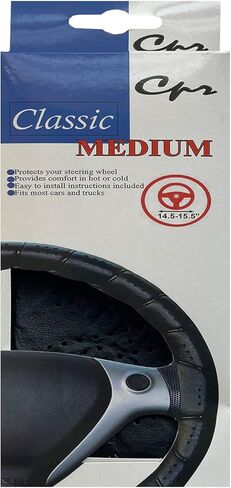 غطاء عجلة القيادة مصنوع من الجلد الصناعي الكلاسيكي من DIY Classic Grip (متوسط ​​(14.5"-15.5" ND)، أسود) in Kuwait