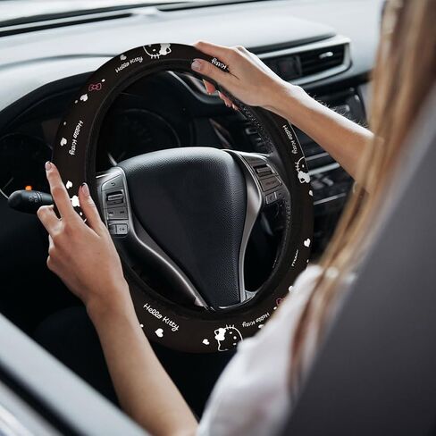 غطاء عجلة القيادة لطيف كيتي، إكسسوارات داخلية للسيارة للنساء غطاء عجلة قيادة مضاد للانزلاق عالمي 14-15 بوصة، أسود in Saudi Arabia