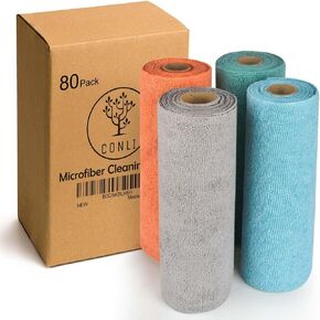 CONLI 4 Roll Microfiber Cleaning Cloth 80 Pack Reusable Microfiber Towels for Household Cleaning and Car Cleaning Easy Tear-Away and Lint Free