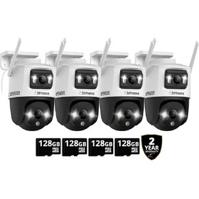 Defender Exclusive Bundle: AI Powered Guard Pro 3K Plus Dual Lens PTZ WiFi 6/Bluetooth, Plug & Play Security Camera, 4 Pack, Human/Vehicle Detection, AI Auto-Tracking, 4 x 128GB SD Card, Mobile App