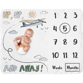 Sweet Jojo Designs Vintage Airplane Boy Baby Milestone Blanket Newborn Monthly First Year Photo Growth Chart Infant Memory Gift Set Grey Green Blue White Yellow Airplanes Plane Transportation Clouds