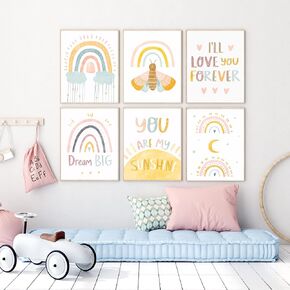 Boho Inspirational Nursery Decor | Set of 6 Prints 8X10’’(unframed) Pastel Colors, Boho Watercolor Wall Art For Kid Room Decor with Inspirational Quotes, Rainbow Sunshine, Clouds