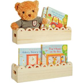 Nursery Floating Shelves for Wall for Books, Toys and Decorations – Natural Solid Wood Wall Mounted Hanging Scalloped Bookshelves for Kids Room, Bedroom Baby Nursery Wall Decor – Set of 2