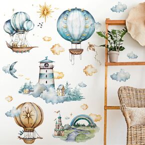 Large Hot Air Balloon Beacon Wall Decals Kites Clouds Vinyl Wall Stickers Cartoon Castle Rainbow Wall Art Stickers for Kids Baby Nursery Bedroom