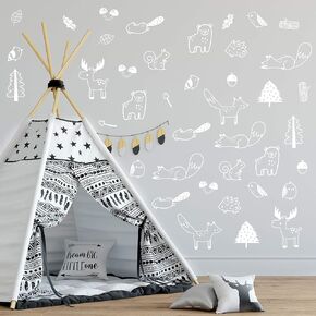 Forest Animal Wall Decals Peel and Stick for Kids, Baby Bedroom Nursery and Living Room. 36 pcs Adhesive Vinyl Wall Stickers Decor (White)