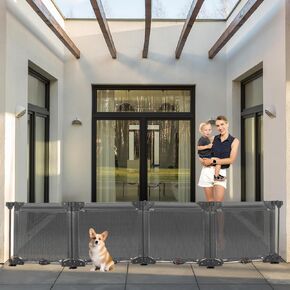 24 Inch Tall Free Standing Dog Gate Folding Pet Gate - Easy Step Over & No Drill, 4-Fence Panels with Suction Cups, 80" Wide Freestanding Baby Gates for Dogs Indoor Mesh Doggy Gate Long Dog Gate, Gray