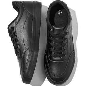 HYPOCRUTE Black Leather Sneakers for Women Tennis Shoes Womens Fashion Sneakers Low Top Casual Shoes for Walking(Full Black,US09)