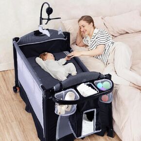 4 in 1 Pack n Play, Multifunction Baby Bassinet Bedside Crib, Portable Baby Nursery Center Playard w/Baby Changing Table, Storage Basket, One-Hand Folding Playpen for Newborn to Toddlers