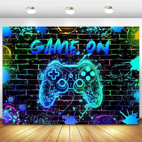 Withu Neon Game On Backdrop Glow Gamepad Brick Wall Video Games Level Up Gaming Party Decorations Banner Gamer Birthday Gamer Night Banner 7x5ft