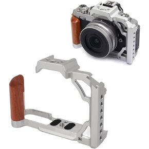 Camera Cage for Nikon ZFC, Aluminum Video Camera Rig with Wooden Handgrip, 1/4 Screw Hole, 3/8 Thread Hole, Cold Shoe Mount (Silver)