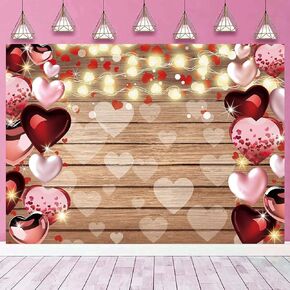 Happy Valentine's Day Backdrop 8X6FT Red Love Heart Glitter Wooden Photography Background for Wedding Bridal Shower Kid Galentine's Day Birthday Party Decor Banner