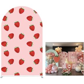 KONPON Pink Strawberry Theme Arch Backdrop Covers Sweet Strawberry Arch Stand Fabric Cover for Girl Birthday Baby Shower Party Decoration(Only Cover)