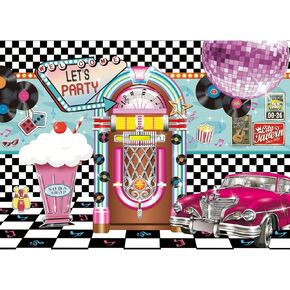 7x5ft Back to 50s Backdrop for Birthday Rock Roll Party 1950s Soda Shop Photo Backdrops 50's 60's Sock Hop Party Decorations Retro Diner Time Rock Roll Classic Car Party Decoration Banner