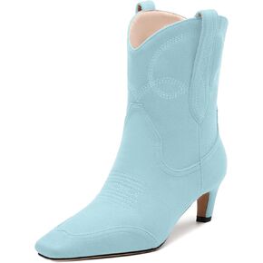WAYDERNS Women's Cowboy Ankle Boots Western Low Kitten Heel Square Toe 2 Inch Short Booties Comfortable Casual Prom Party Pull on Fall Winter Shoes