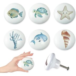 Set of 6 Ceramic Kids Nursery Fish Ocean Starfish Beachy Coastal Cabinet Dresser Drawer Door Handle Pulls Knobs 1.5 X 1.5 Inches