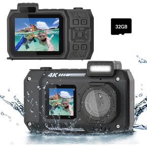 4K FHD Digital Camera 33 FT Underwater Camera,13 MP Autofocus Waterproof Camera with Selfie Dual Screens 2500 mAh Built-in Battery,Compact Point and Shoot Digital Camera for Novice Photographer,Black