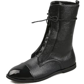 Women's Round Toe Lace up Mid Calf Flat Boots,Fashion Hand Stitching Non Slip Wearable Square Heel Low Heel Leather Shoes Casual Winter Snow Boots Pointed Boots