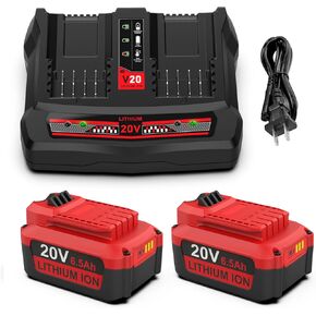 2Pack 6.5Ah Replacement for Craftsman 20v Battery and Charger Compatible with Craftsman V20 Battery CMCB202 CMCB204 and CMCB104 20V Dual Port Charger