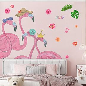 Pink Flamingo Wall Decals 3D Flamingo Flowers Wall Stickers Peel and Stick DIY Removable Flamingo Wall Art Decor for Kids Girls Bedroom Living Room Nursery Bedside Classroom