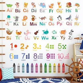 Removable 3D Cartoon Animals Words A-Z Wall Stickers Early Learing Letter 1-9 Wall Decals Peel and Stick Education Color Cognition Wall Decor for Nursery Little Girls Kids Bedroom Classroom