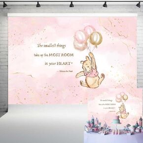 Classic Pooh Bear Baby Shower Backdrop for Girl Golden and Pink Texture Background Glitter Balloon Banner 1st Birthday Party Decorations 7x5 ft 318