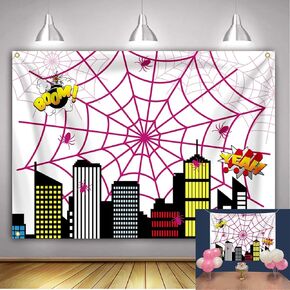 Boys Birthday Cartoon Decoration Backdrop 5x3ft Hero Theme Party Adventure Party Polyester Backdrops Pink Spider Web Superhero Background