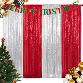 ShinyBeauty 4 Panels Sequin Photo Backdrop, 2FTx8FT Sparkle Backdrop Red and Silver Backdrop Sequin Backdrop Birthday Backdrop Curtains Shimmer Background for Wedding, Photograph Christmas Backdrop