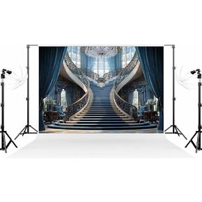 Kate 7×5ft (2.2×1.5m) European Luxury Blue Photo Backdrop Classic Staircase Crystal Chandelier Curtains Interior Photography Background for Photo Studio Photographer Props