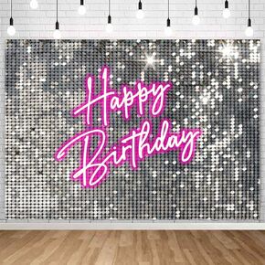 Withu Silver Sequins Pink Neon Happy Birthday Backdrop for Photography Shining Flash Stars Shimmer Wall Decoration Banner Princess Girls Women Bday Party Background 7x5ft