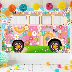 Hippie Party Decorations Groovy Bus Banner 60s Daisy Backdrop Face Cutout 60s Photo Props Daisy Photo Background Party Supplies