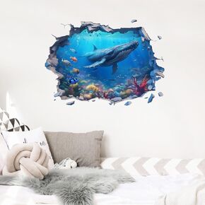 3D Lifelike Humpback Whale Fishes Wall Stickers Underwater World Broken Wall Wall Decals for Kid Removable Peel and Stick Wall Art Home Decor Decoration for Living Room Bedroom Bathroom