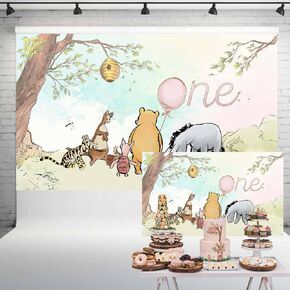 Vintage Pooh Bear Backdrop 1st Birthday Girl Watercolor Tree Pastel Sky Pink Balloon One Year Old Birthday Decorations Background Classic Pooh Cake Table Banner 5x3 ft 146