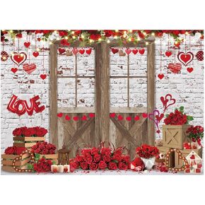 7X5FT Valentine's Day Backdrop Brick Wall Red Rose Flower Photography Backdrop Love Heart Balloon Romantic Valentines Day Party Decor Backdrop XY128