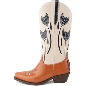 WIRALOMI Cowboy Boots for Women, Floral Mid Calf Women Western Boots Low Chunky Heels, Women's Embroidered Cowgirl Boots with Pointed Toe
