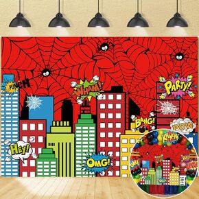 Super City Backdrop 7x5FT Red Spider Web Backdrop Skyline Buildings Citycape Photo Background Kids Boys Birthday Party Cake Table Decorations Banner Supplies (7x5FT（210x150cm）)