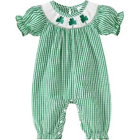 St Patricks Day Baby Girl Outfit Shamrock Romper Green Short Sleeve Bodysuit Jumpsuit 0-18M