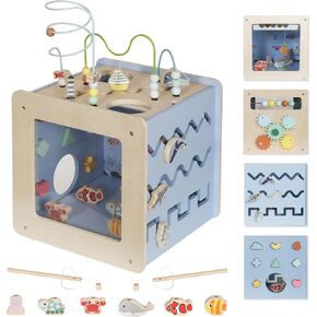 Wooden Activity Cube with Bead Maze, 7-in-1 Montessori Toys for 1+ Year Old Boys&Girls,Kids Educational Learning Toys for Toddlers Age 1-2,Under The Sea Adventure Cube with Fishing Game&Shape Sorter