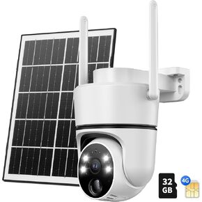 4G LTE Cellular Solar Security Camera Wireless Outdoor, W/Changeable SIM Card&32GB SD Card, PTZ 360° No Wifi Security Camera,Auto Tracking& Spotlight Alarm, Color Night Vision, Two-Way Audio