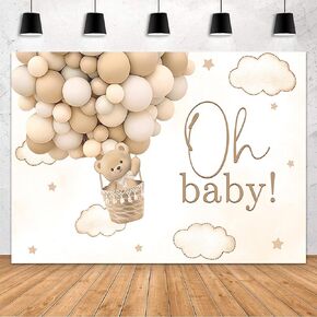 MEHOFOND 7x5ft Oh Baby Backdrop Bear Baby Shower Backdrop We Can Bearly Wait Baby Shower Party Decorations for Boy Hot Airs Balloons Watercolors Clouds Stars Photography Background (Brown)