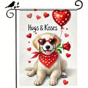Valentines Day Garden Flags 12x18Inch Double Sided Golden Retriever Garden Flag Cute White Puppy Dog Red Rose Heart Yard Lawn Outside Decor for Anniversary Wedding Outdoor Home Decoration