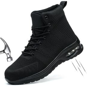 Steel Toe Work Boots for Men or Women, High Top Slip Resistant Safety Shoes Puncture Proof Comfortable Air Cushion Tennis Boots for Industry Construction Warehouse