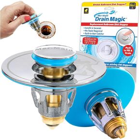 Drain Magic AS-SEEN-ON-TV Replace Broken or Missing Bathroom Drain Stoppers in Seconds, No Tools, Push To Fill, Hair Catcher Prevents Clogs, Watertight Silicone Seal,Chrome Plated Solid Brass