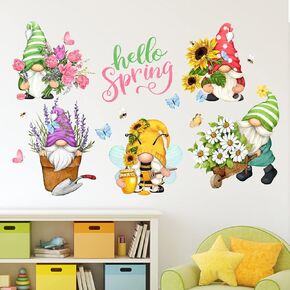 Mfault Hello Spring Gnomes Flowers Wall Decals Stickers, Garden Sunflower Daisy Nursery Decorations Bedroom Playroom Art, Floral Tulip Lavender Summer Neutral Toddlers Kids Room Decor Gifts