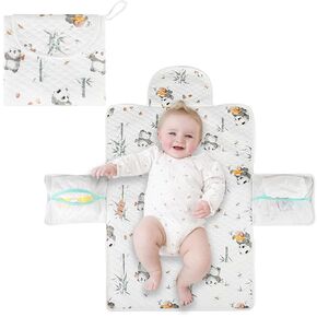 Pure Cotton Portable Diaper Changing Pad, Foldable Waterproof Infant Changing Pad with Wipes Pocket, Fit for Newborn Girl & Boy, Double-Sided Baby Diaper Changing Mat for Home Travel (Panda)